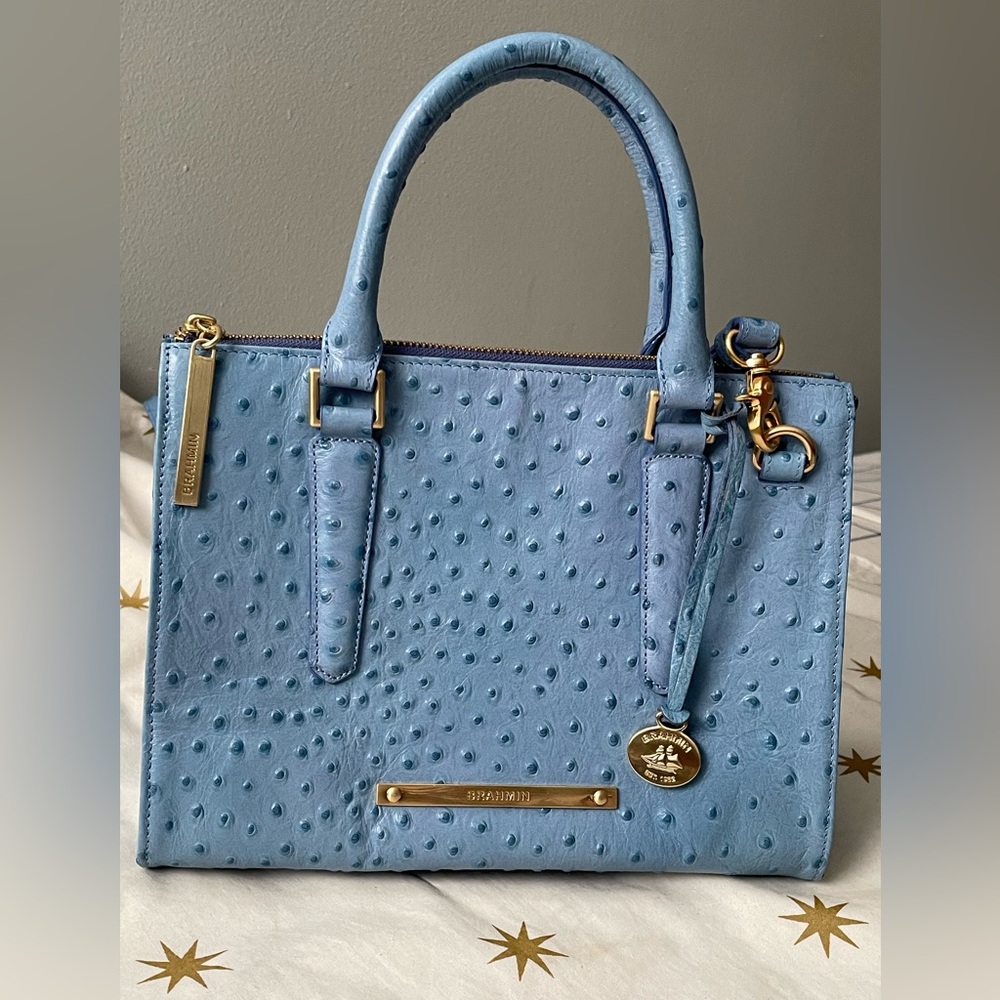 Brahmin Ostrich Leather Satchel Handbag Heavenly Blue